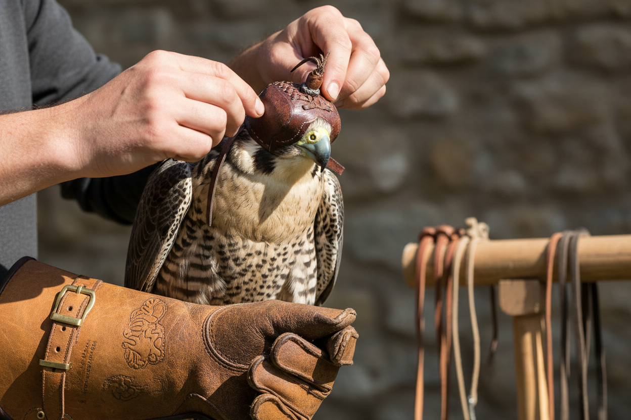 immagine di falconiere che mette un cappuccio al falco